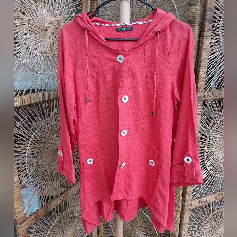 For Cynthia Womens 100% Linen Jacket Size Small Button Up Hooded Asymmetric